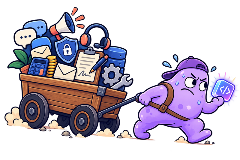 A determined purple mascot pulling a wagon filled with marketing, support, security, billing, and maintenance work
