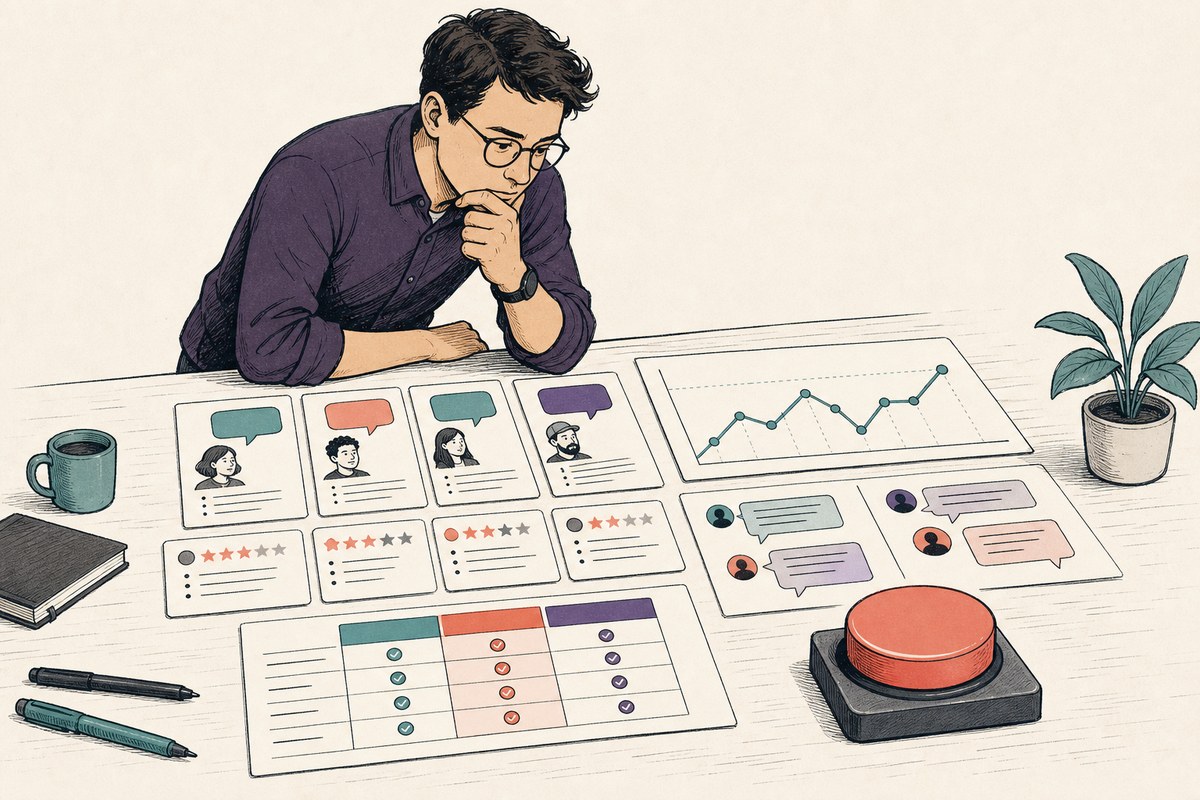 A founder studies customer interviews, competitor reviews, pricing, search behavior, and community discussions before pressing a launch button