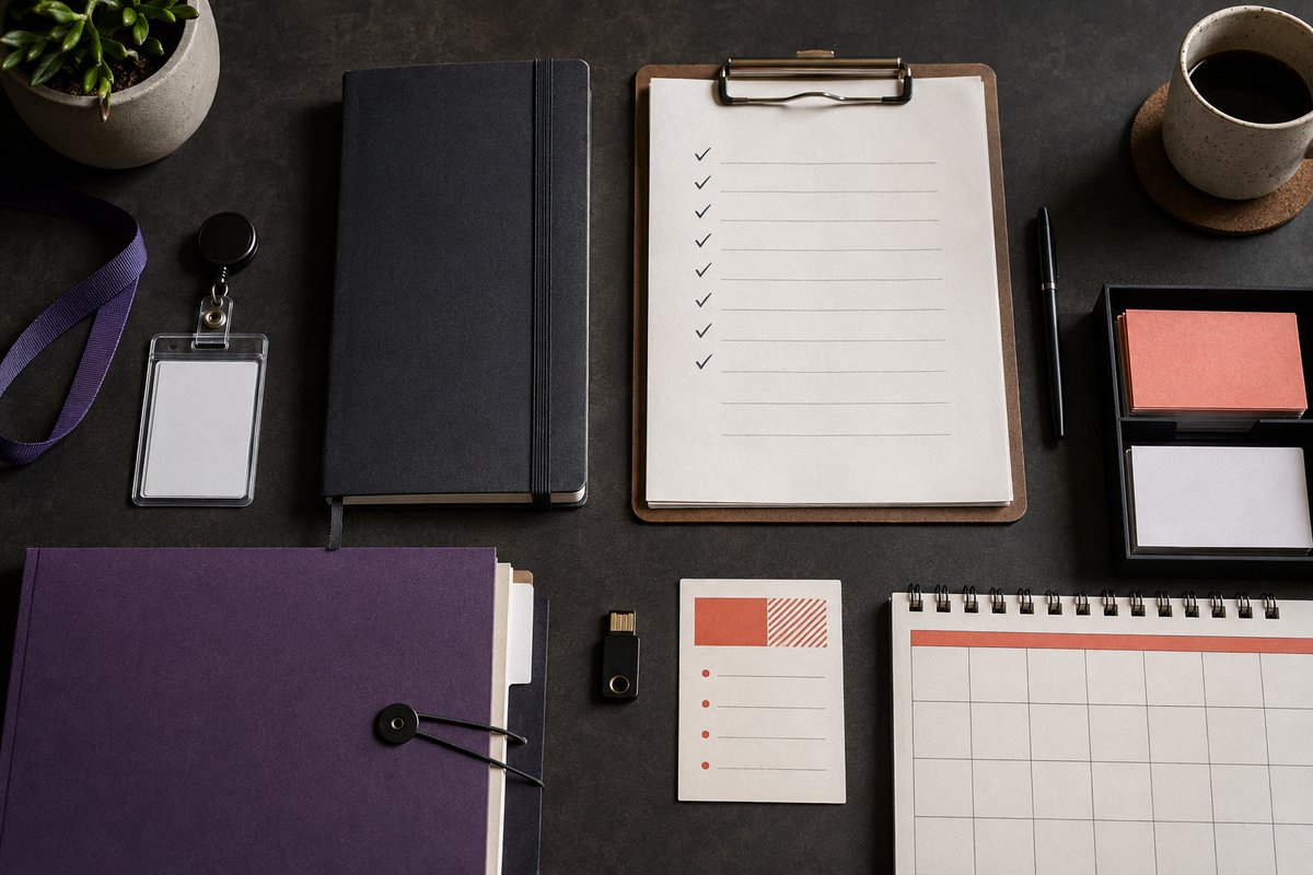 An orderly desk with an access badge, ledger, checklist, calendar, and company records