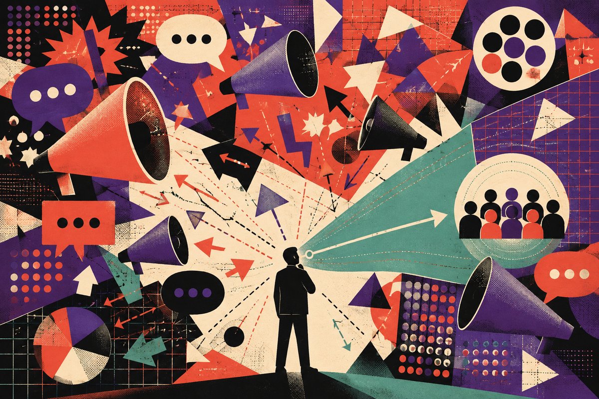 A screen-print collage of competing marketing signals with one clear line connecting a founder to an audience